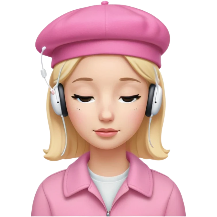blonde American girl wearing a pink beret and AirPods Max headphones, listening to music with closed eyes emoji