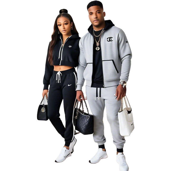 Man living his dream standing in the master bedroom of a mansion. He’s boo’d up with a pretty Brownskin big booty woman wearing a Chanel outfit with her holding a Chanel bag. The man has on a Nike Tech Fleece sweatsuit. The man isn’t holding a bag emoji
