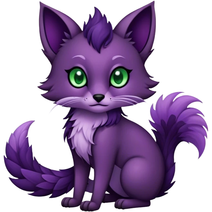 Kawaii dark edgy dark deep purplish with dark green eyes fantasy feline-vernid-sergal-fursona animal creature with a tufted tail full body with intricate markings  emoji