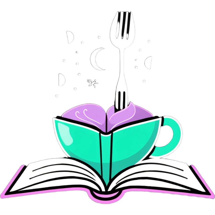 Mystical cookbook with glowing fork and spoon symbol on its cover, radiating magical light and surrounded by floating sparkles emoji