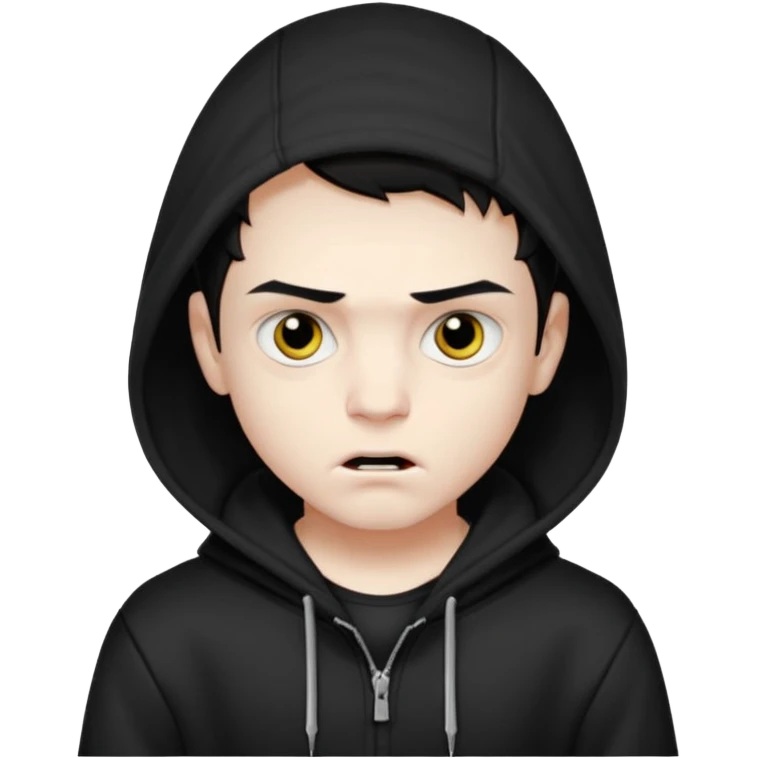 Vampire boy with the short black hair, pale scin, black eyes, little fangs and dark circles under his eyes. He has serious face and he wear a black hoodie emoji