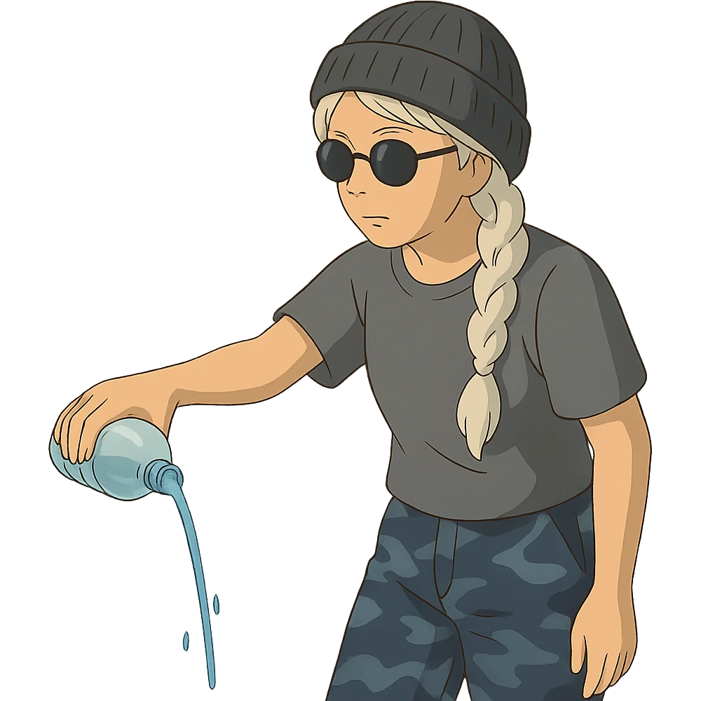 1 female, long white braid, knit cap, dark sunglasses, GRAY T-SHIRT, blue camo pants, gazing slightly down, POURING OUT A WATER BOTTLE on the ground emoji