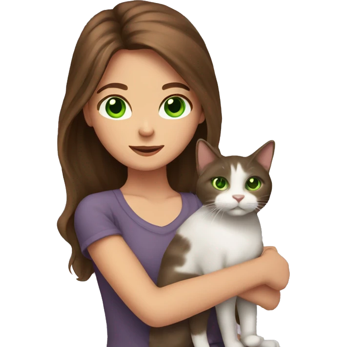 Girl with long brown hair and green eyes holding a cat emoji