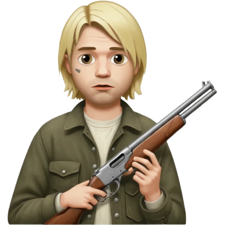 Kurt Cobain holds a double-barreled shotgun with the barrel in his mouth emoji