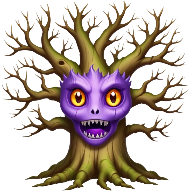 An ancient, psychic tree evolves by absorbing the essence of fallen autumn spirits, sprouting a radiant, maple-crowned face that channels both forest wisdom and fiery seasonal magic through its gnarled. Purple eyes, sharp teeth emoji