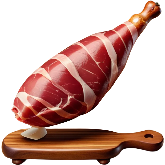 _cinematic-realistic-spanish-ham-leg,-depicted-as-a-massive,-cured-leg-of-jamón-serrano-(ham)-with-a-deep-reddish-brown-hue on the outside,-intricately-marbled-and-slightly-glossy-with-age,-elegantly-displayed-on-a-rustic-wooden-stand-and-bathed-in-warm - jamon prosciutto emoji