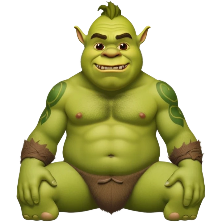 naked shrek with big hairy balls and a MAKAR tattoo on his pubis emoji