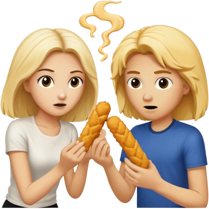 Aurore is blond and Enzo had mid-long black hair are fighting about mozzarella sticks emoji