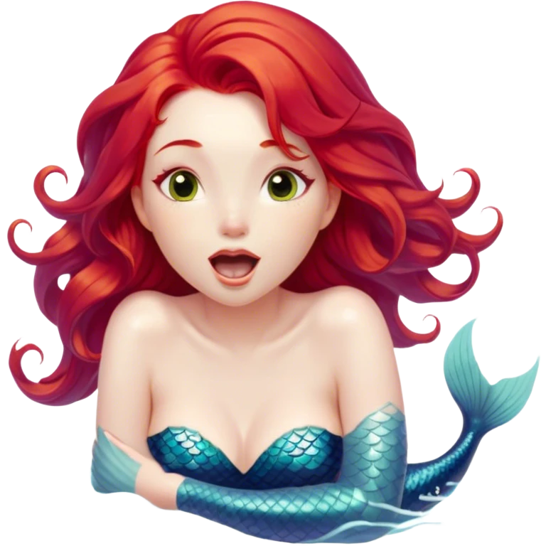 Cinematic Realistic Red Hair Mermaid Portrait, head tilted slightly with a dramatic, wide-open yawn, revealing a tender, relaxed visage with delicately detailed porcelain skin and vibrant, cascading red hair softly billowing around her. Her dreamy eyes exude a serene, aquatic charm, rendered with gentle underwater lighting and high shine—capturing the essence of a drowsy yet mesmerizing mermaid drifting into a tranquil slumber beneath the sea. emoji