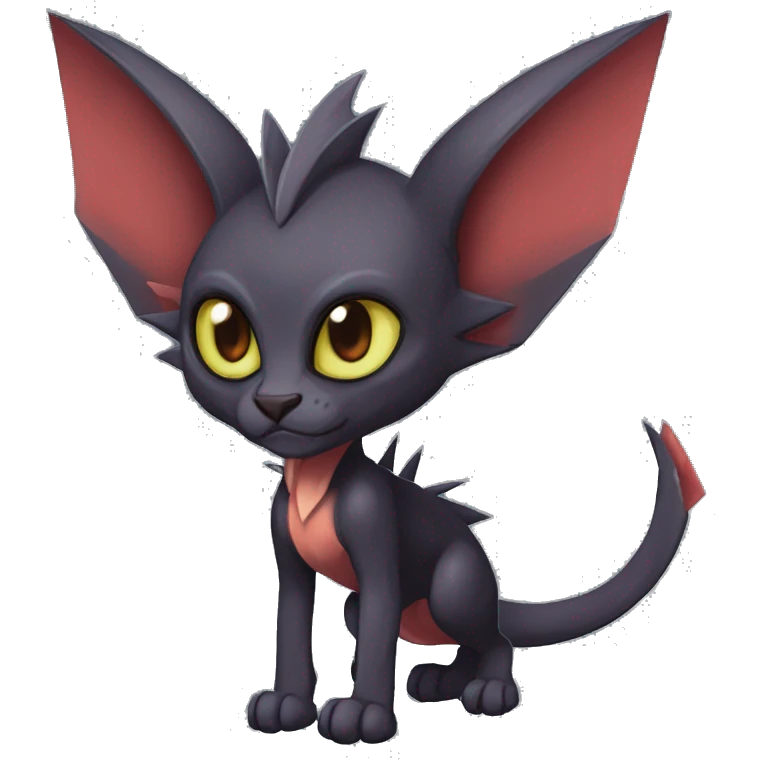 Black cool vampiric Noivern-Litten-Sphynx-Lykoi-Caracal-Fakemon with big bat ears full-body emoji