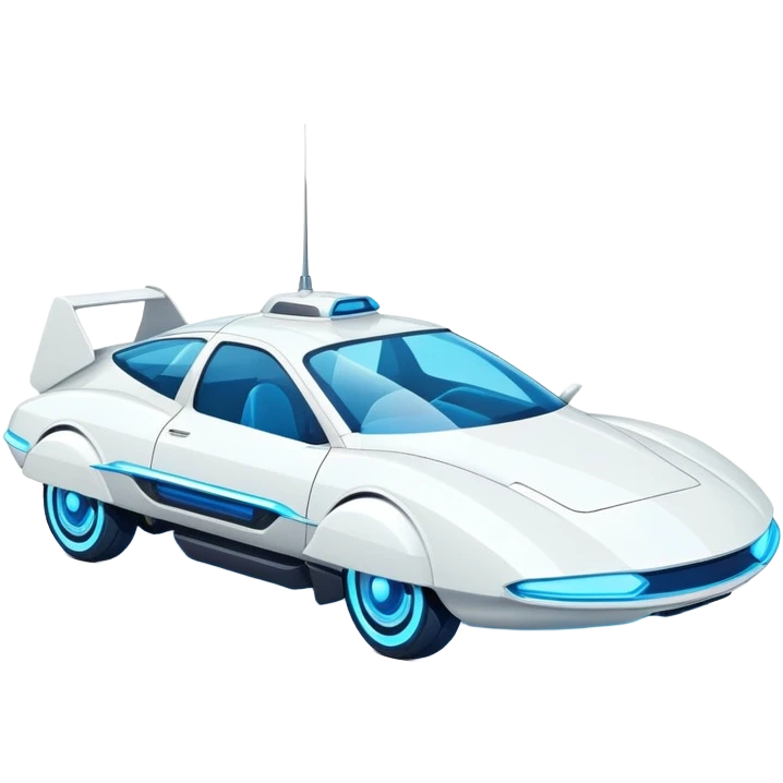 Futuristic retro hover white car with angular design and glowing blue wheels, flat vector style, minimal color palette with blue highlights emoji