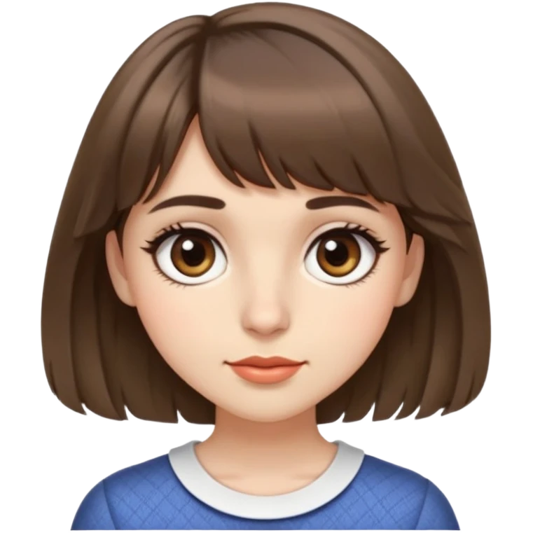 A girl with short brown wavy hair, layered bangs on the sides, my eyebrows are straight, my eyes are a little drawn out and a little big, my eyelashes are a little long, my eyes are brown, my nose is normal and my mouth is normal. I want her to wear a short skirt.  emoji