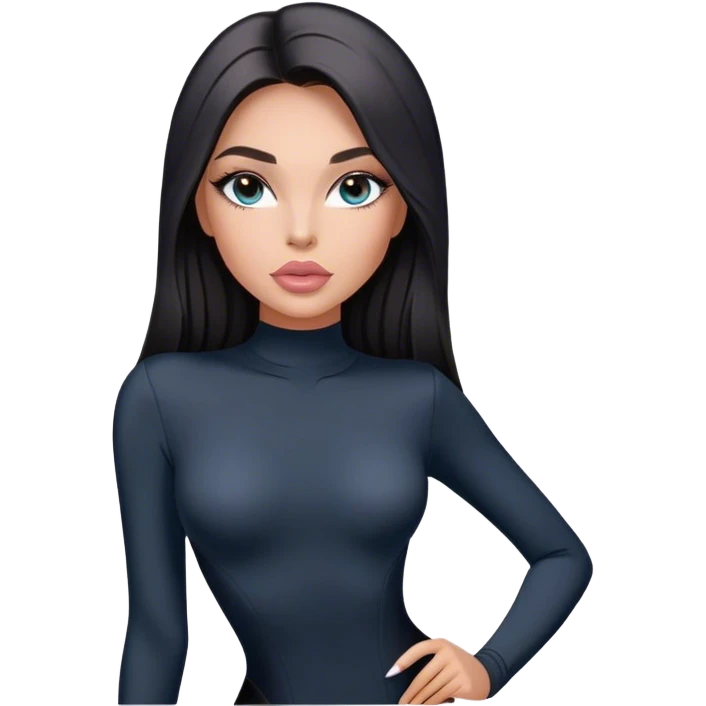 Glamours, tanned, very beautiful girl, with big pump peach-beige-rose lips, long long lashes, black straight smooth silky long hair, straight parting hair, blue-grey eyes in black long-sleeves bodysuit emoji