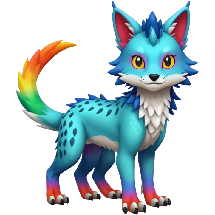 Colorful warm-colored randomly-colored brightly-colored tropical kawaii edgy cute Lynx-Trico-Sergal-Wolf-Vernid-Fakémon-Pokémon-creature (full body) emoji