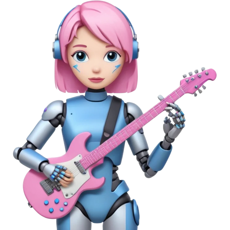 a cyper robot carry her note and electric guitar and try to change the world with pink and bluecolor emoji