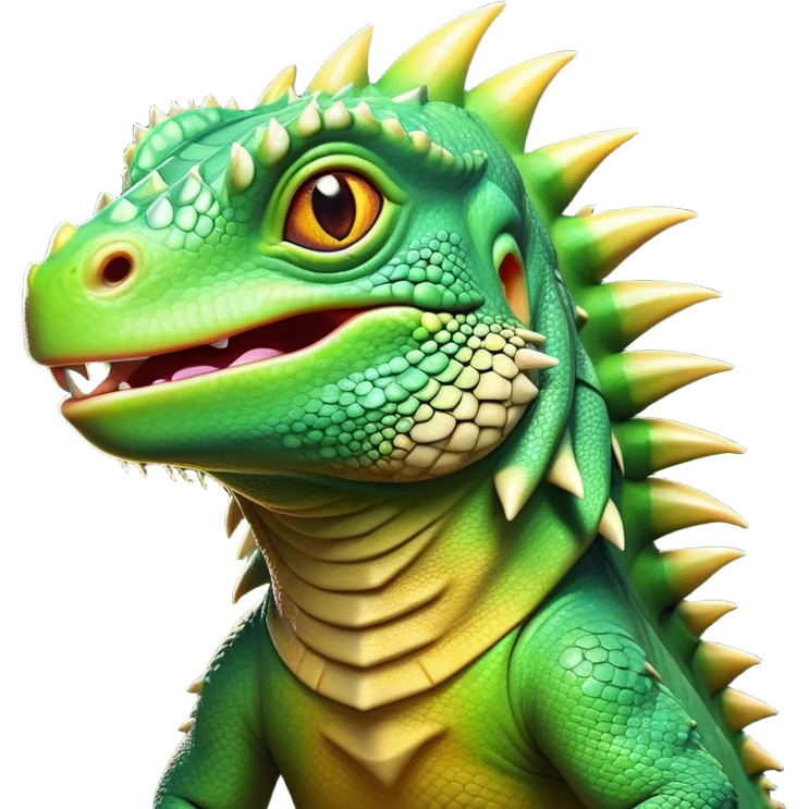 Cinematic Comical Iguana Portrait Emoji, Head tilted dramatically with an exaggeratedly shocked expression, featuring a robust, textured body with a quirky, spiky crest and wide, comically expressive eyes full of playful disbelief, Simplified yet hilariously expressive features, highly detailed, glowing with a slightly sassy jungle glow, high shine, dramatic yet playful, stylized with an air of quirky reptilian mischief, soft glowing outline, capturing the essence of a meme-worthy iguana that looks ready to side-eye its way into viral fame! emoji