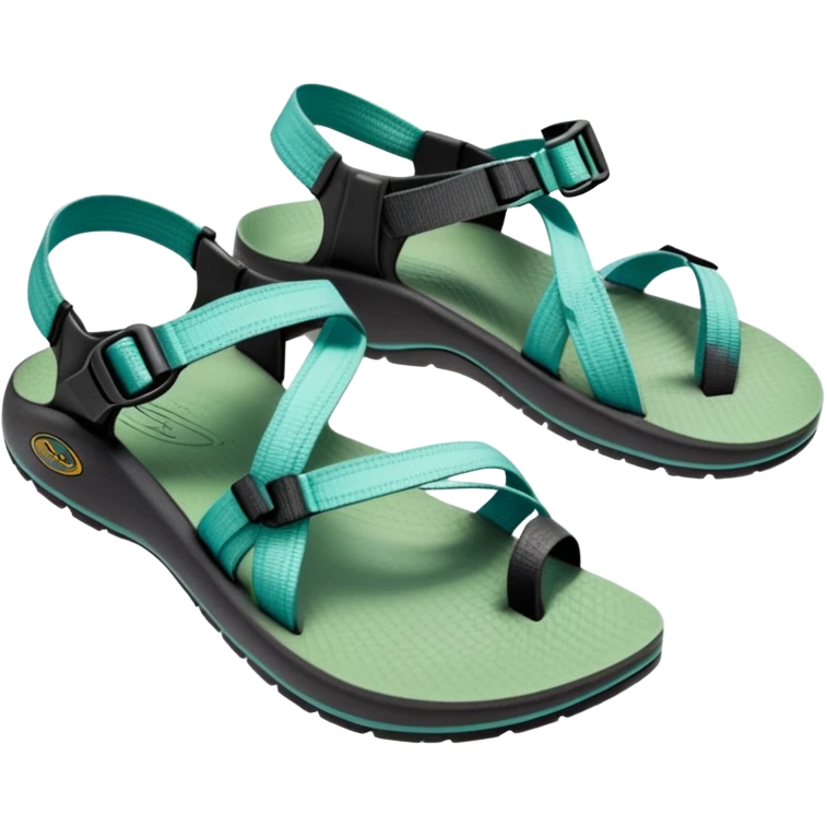 Chaco sandal with toe loop, black footbed, light blue and light green straps emoji
