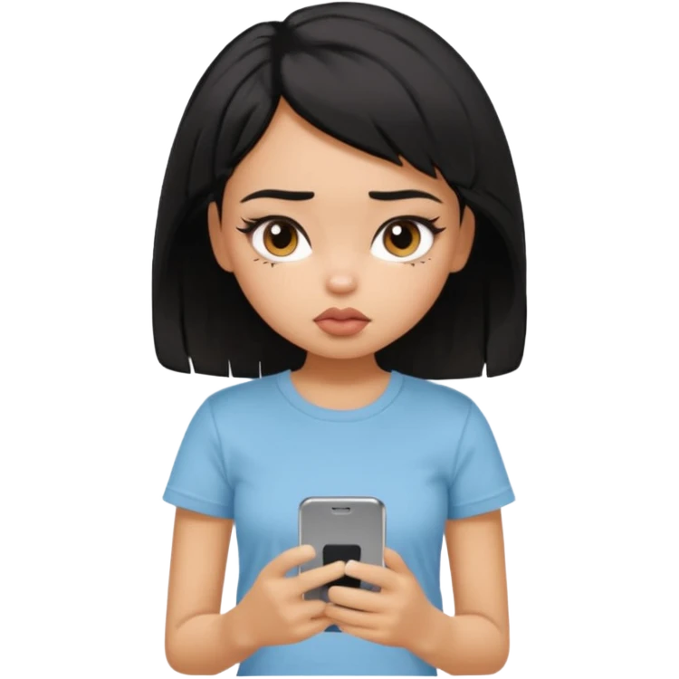 generate a pretty bratz girl with short black messuy hair, looking tired and using her phone emoji
