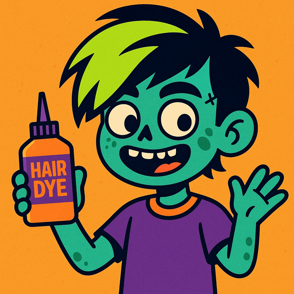 zombie boy with black and neon green emo hair, holding hair dye, playful, cartoonish emoji