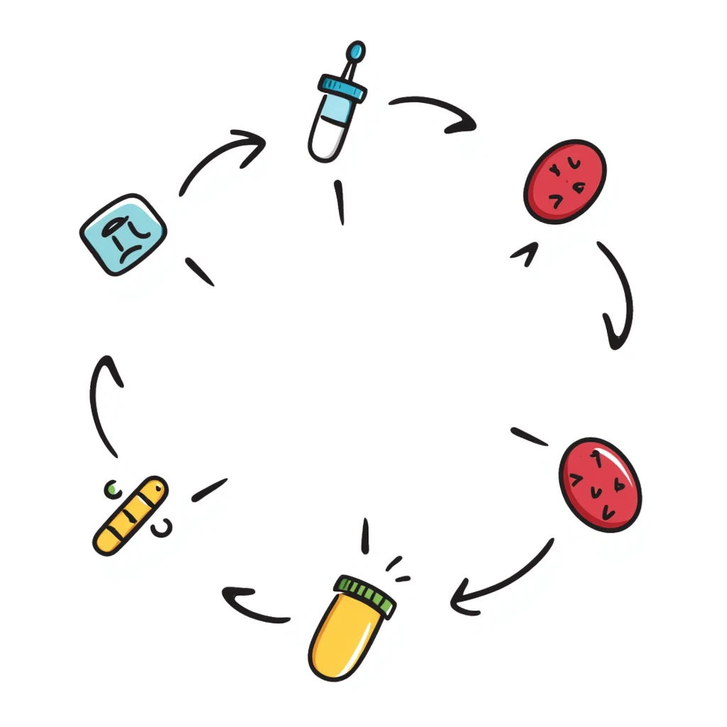 Anti-diabetic visualization with metabolic pathway: colorful flowchart showing blue insulin, green medication pills, yellow glucose molecules, and red blood cells. Hand-drawn educational diagram with arrows showing glucose regulation and insulin sensitivity improvement. emoji