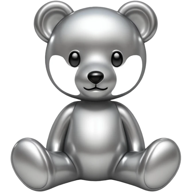 A cute teddy bear emoji made of liquid silver chrome, smooth rounded body, glossy metallic surface, soft reflections, friendly proportions, iOS emoji style, centered, clean white background emoji