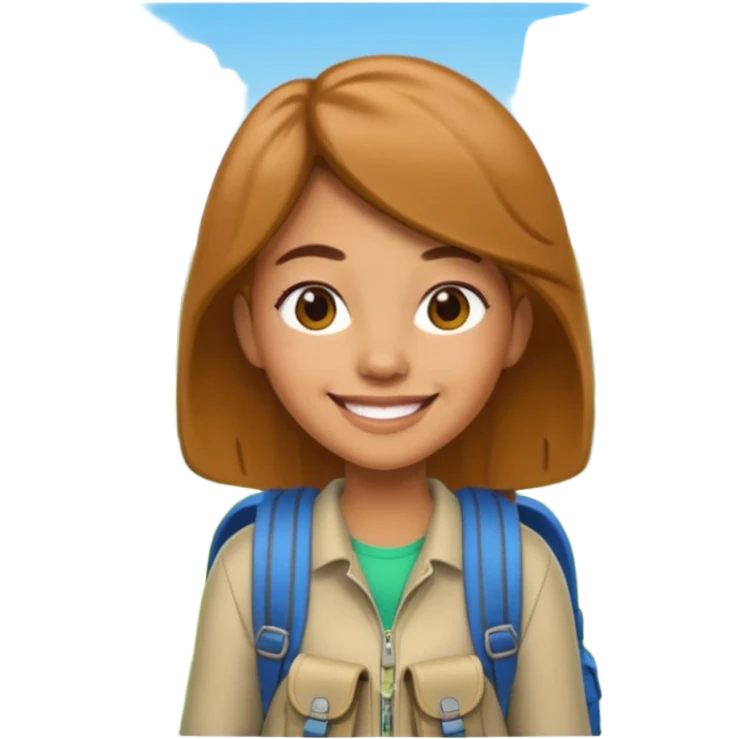 A 3D cartoon woman with a backpack smiling outdoors, surrounded by greenery, Memoji-style realism. emoji