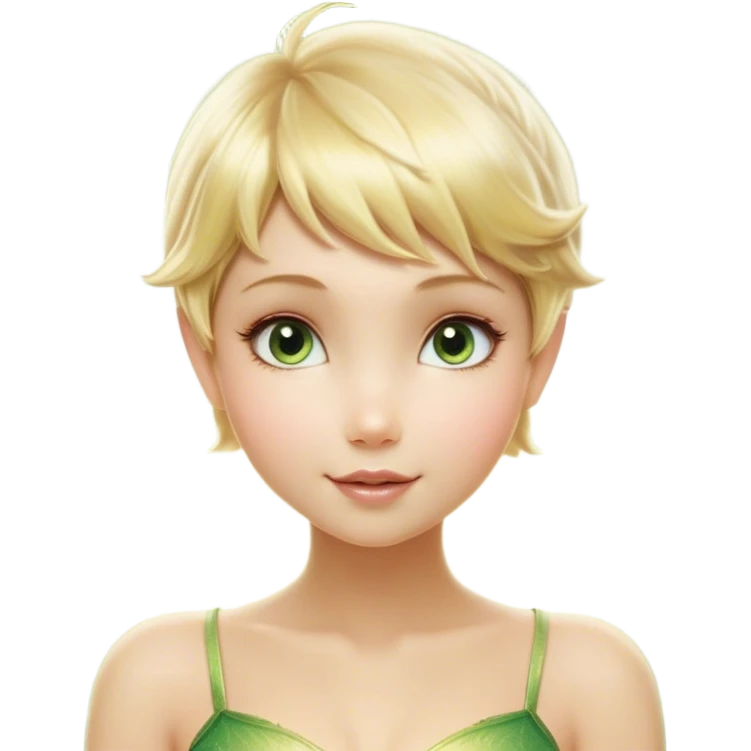 Cinematic Realistic Blonde Tinker Bell Fairy Portrait, depicted with lifelike, delicate skin glowing with a subtle radiant aura, soft natural lighting accentuating her gentle features, and intricately detailed golden blonde hair styled in a whimsical pixie cut. Her iridescent, translucent wings shimmer with delicate fairy dust, and her expressive, sparkling eyes reflect a world of magic. Adorned in a subtle blend of woodland greens and soft pastel accents, the portrait exudes an enchanting glow that seamlessly merges realism with fairy charm. emoji