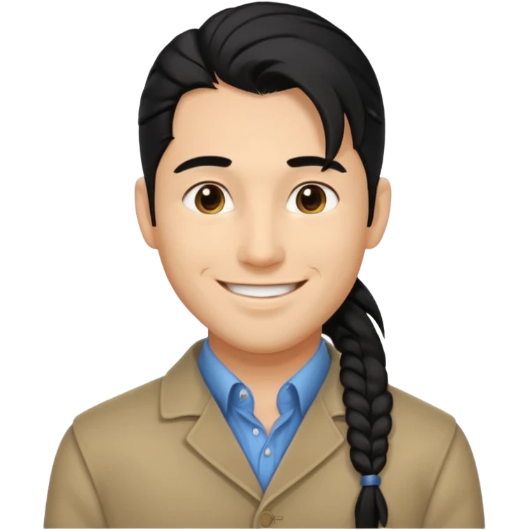 black long pony tail hair man with polite outfit smile warmly emoji