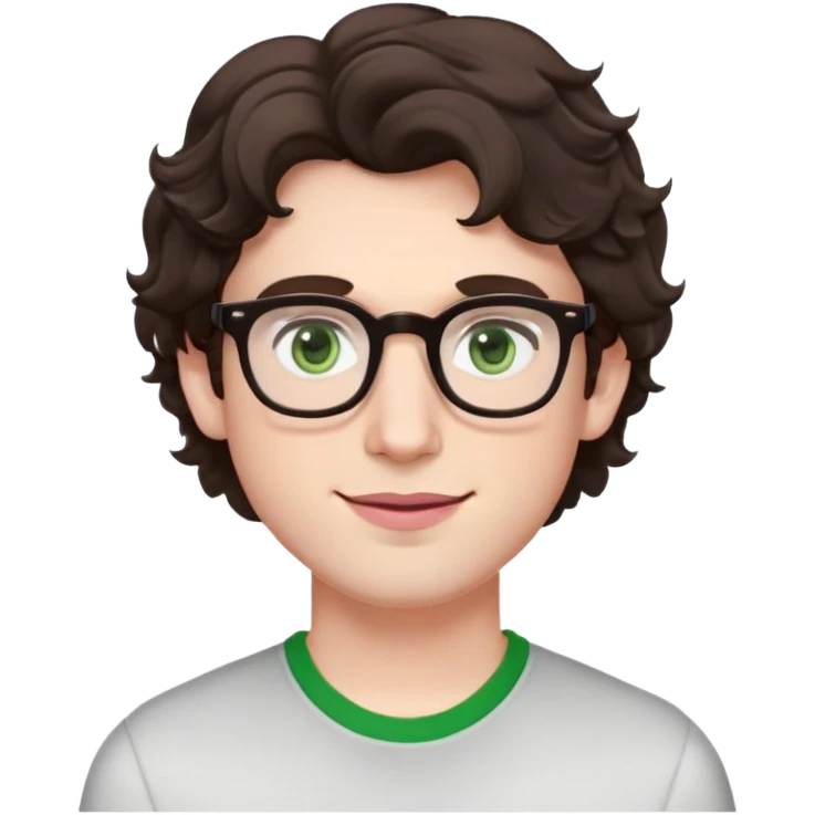 Young man with dark brown slightly wavy poofy hair (just a bit of curl, not too curly), green eyes wearing glasses, wide face with eyes set apart, bigger ears, very pale skin, slightly bigger nose, fuller darker pink lips with a smile, and very light stubble emoji