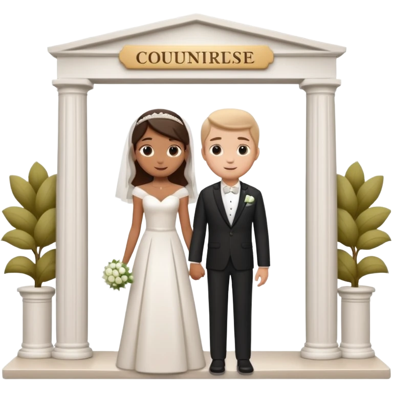 A 3D cartoon courthouse wedding venue with a bride and groom standing at the entrance, elegant white columns, soft natural lighting, simple modern decor, minimal background, realistic Memoji-style rendering. emoji