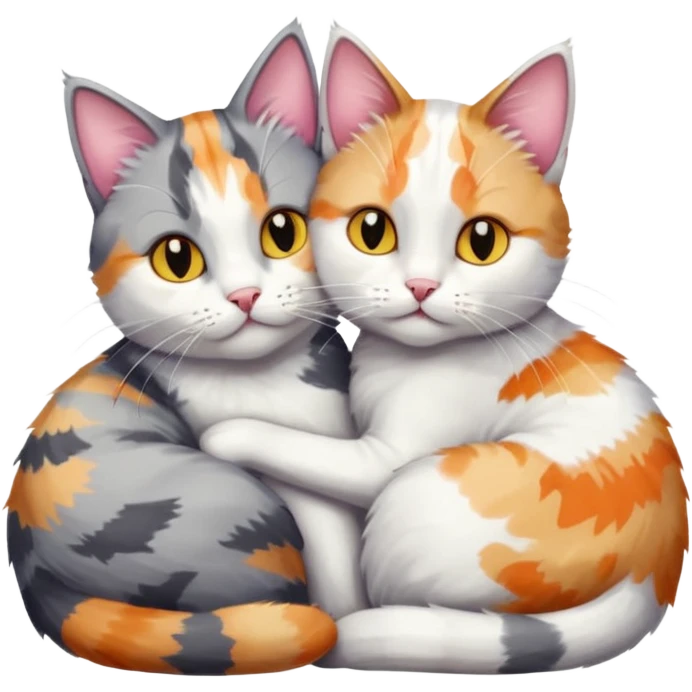 grey and white cat cuddling a colourful light patched calico + white tabby cat emoji
