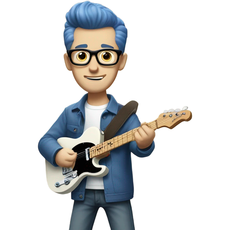 A nerdy white guy with glasses with short brown hair with a small quiff playing a blue classic telescaster emoji