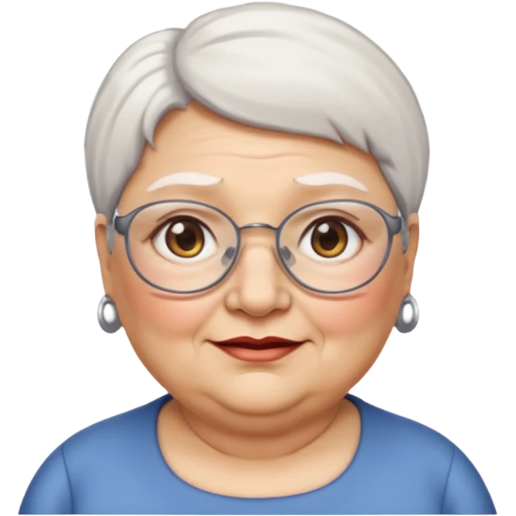 Create me emoji of an old fat lady. Short white hair to left side. Square glasses. Brown eyes. Rounded really big and really wide face. Wide nose.  emoji