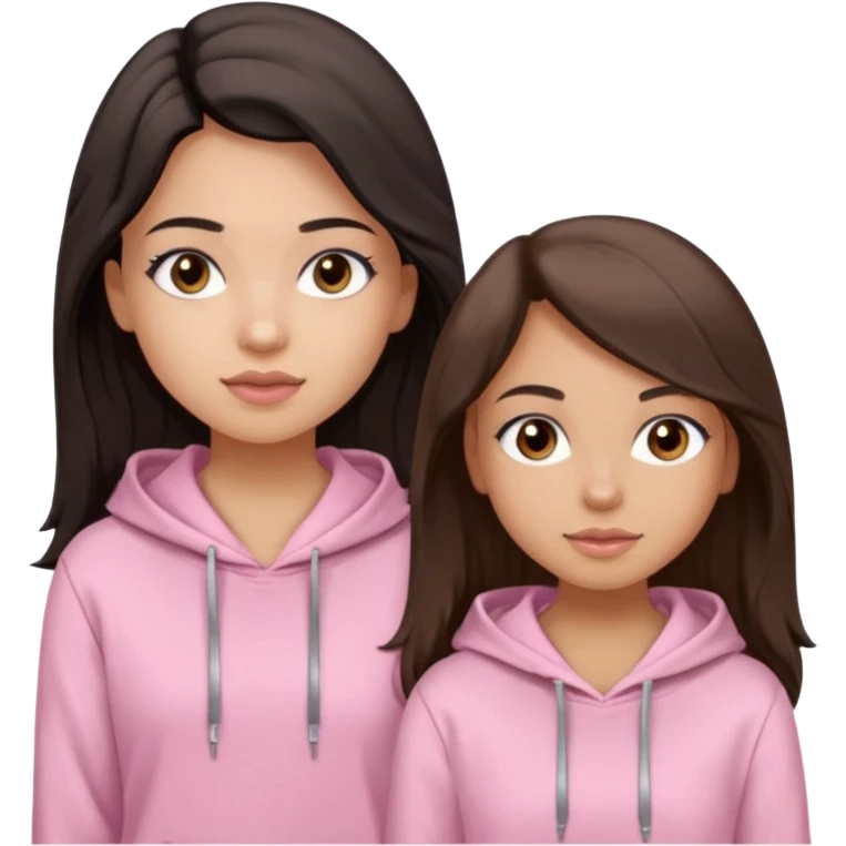 A pretty girl with light skin and long straight black brown hair, wearing a very light pink basic hoodie with brown eyes and makeup and a round face with another girl who is taller with an oval face, tan skin and very wavy brown hair, and a light pink basic shirt emoji