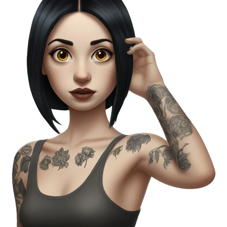 Hyperrealistic Pale girl with black hair arm tattoos emoji