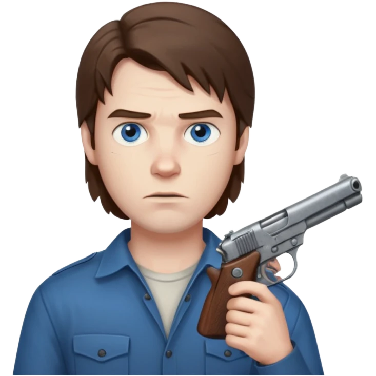 guy w medium long brown hair and blue eyes shooting himself emoji