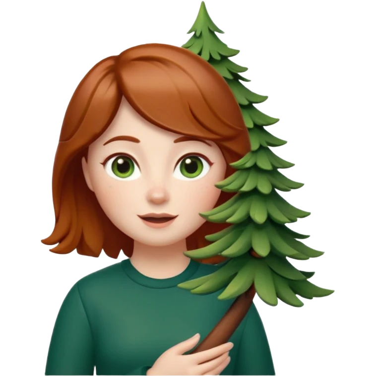 Style memoji iphone. Un petit sapin vert sylvestre, féminin, regard malicieux, tâches de rousseurs délicates, joues roses. Yeux de biche brillants en forme amande, yeux couleur ambre, tronc couleur acajou. Sapin en mouvement, incurvé pour un effet vivant. emoji