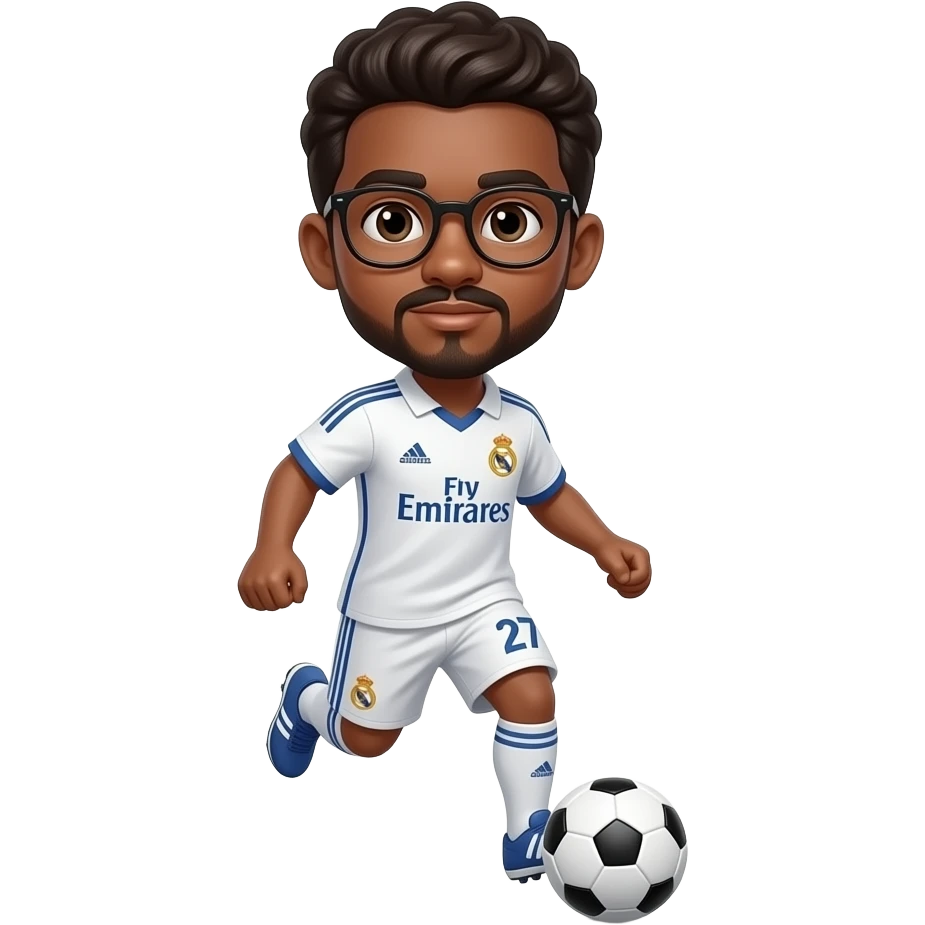 black boy with glasses playing soccer with  madrid jersey number 27 and a little mustache and a goatee emoji