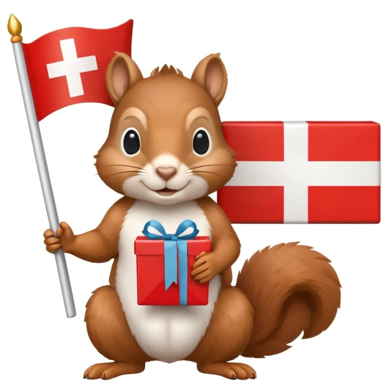 squirrel holding a present and a Swiss flag, both objects large and clear, simple white background emoji