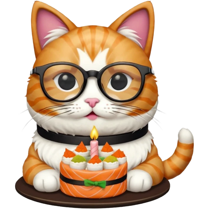 cat with cool square glasses eating a birthday cake made out of sushi emoji