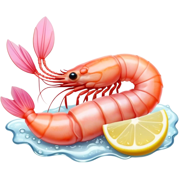 Cinematic glistening shrimp, pink and juicy, slightly curled with a light char, served with lemon wedges, ultra-detailed and fresh, warm glowing background. emoji