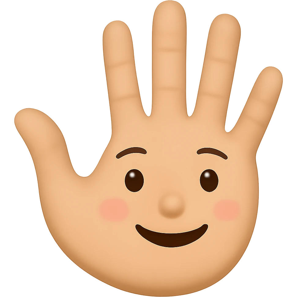 Make the eyes and fingers smaller, keep the hand waving and smiling, preserve transparent background. The style is a cartoonish character with a transparent background. emoji