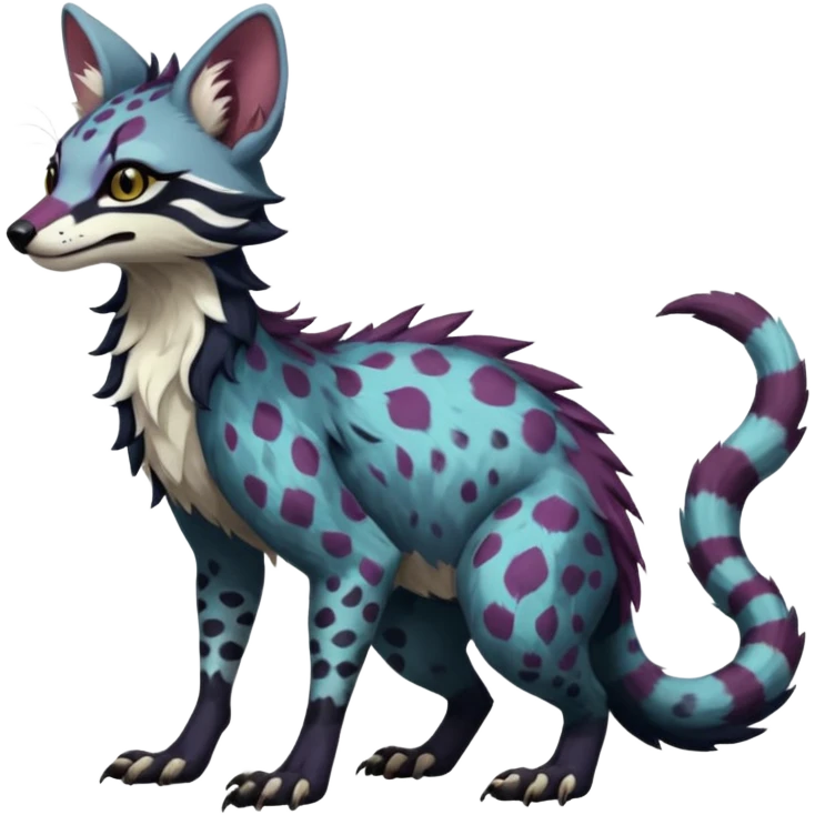 Feral Rare Fantasy dark colorful Vernid-Sergal-Genet-Trico-species by LiLaiRa, random markings, tufted tail, tufted ears, full body emoji