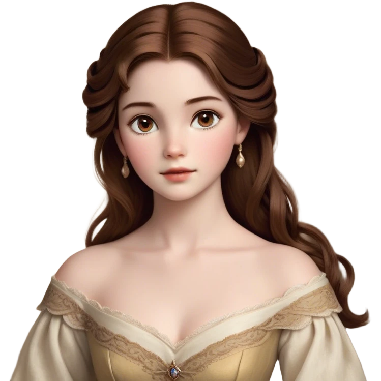 Cinematic Realistic Belle Portrait, depicted with lifelike skin texture, soft natural lighting, and intricately detailed brown hair styled elegantly. Her deep, expressive eyes exude warmth and intelligence, complemented by a serene and graceful expression. She is dressed in her classic attire, with rich fabric textures and delicate folds that catch the light beautifully. The portrait features a soft, enchanting glow with a natural, radiant finish, capturing the essence of timeless beauty in a realistic and painterly style, evoking a sense of depth and authenticity. emoji