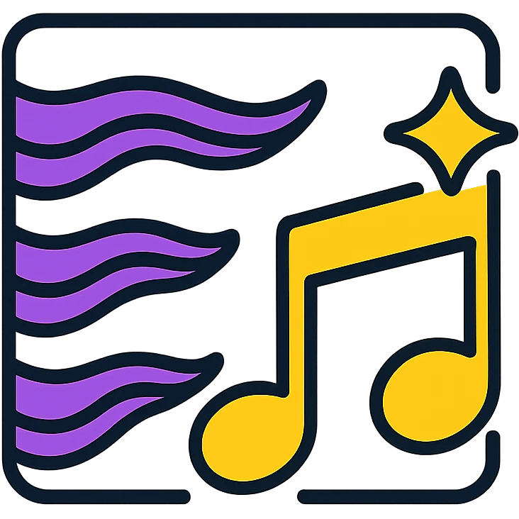 icono de lista de reproducción con líneas galácticas y nota musical, líneas con flujo animado púrpura, nota musical con resplandor animado emoji