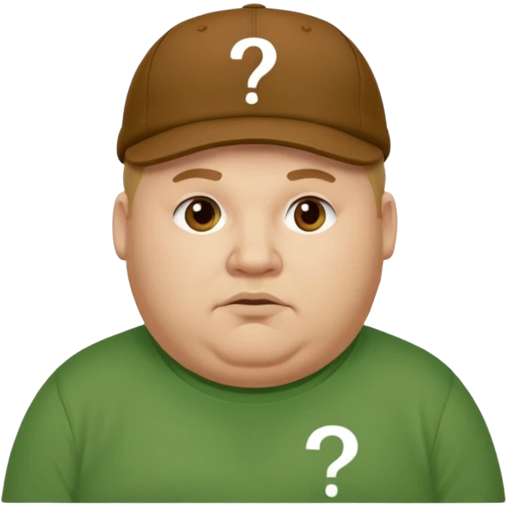 fat man with brown cap and green t shirt printeed a question mark emoji