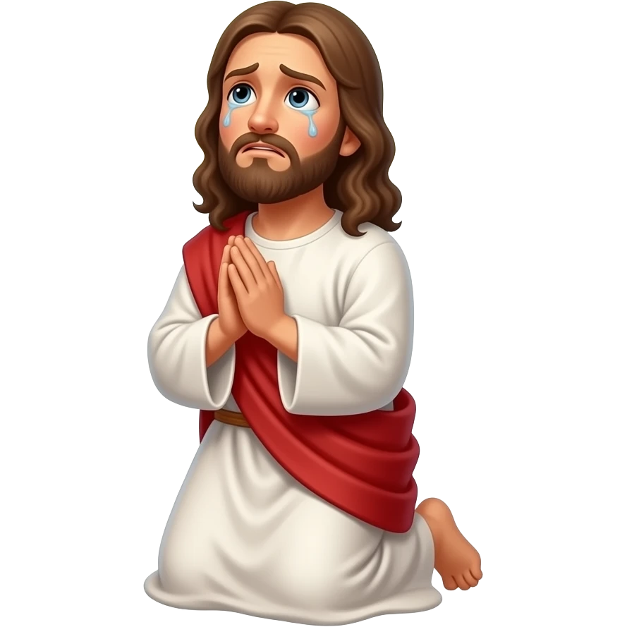 Jesus with a halo looking up worried with tears and praying on his knees to God emoji