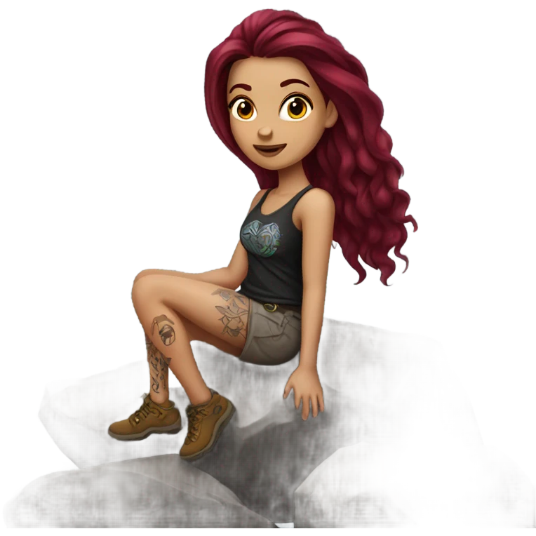 Beautiful tattooed woman long burgundy hair climbing rocks emoji