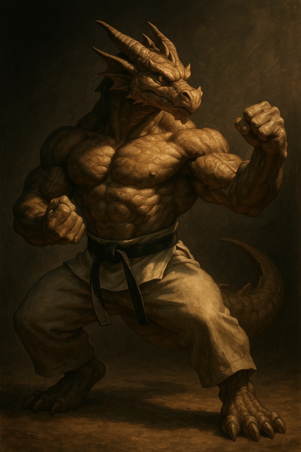 a muscular dragon in a karate stance, dramatic lighting, semi-realistic style emoji