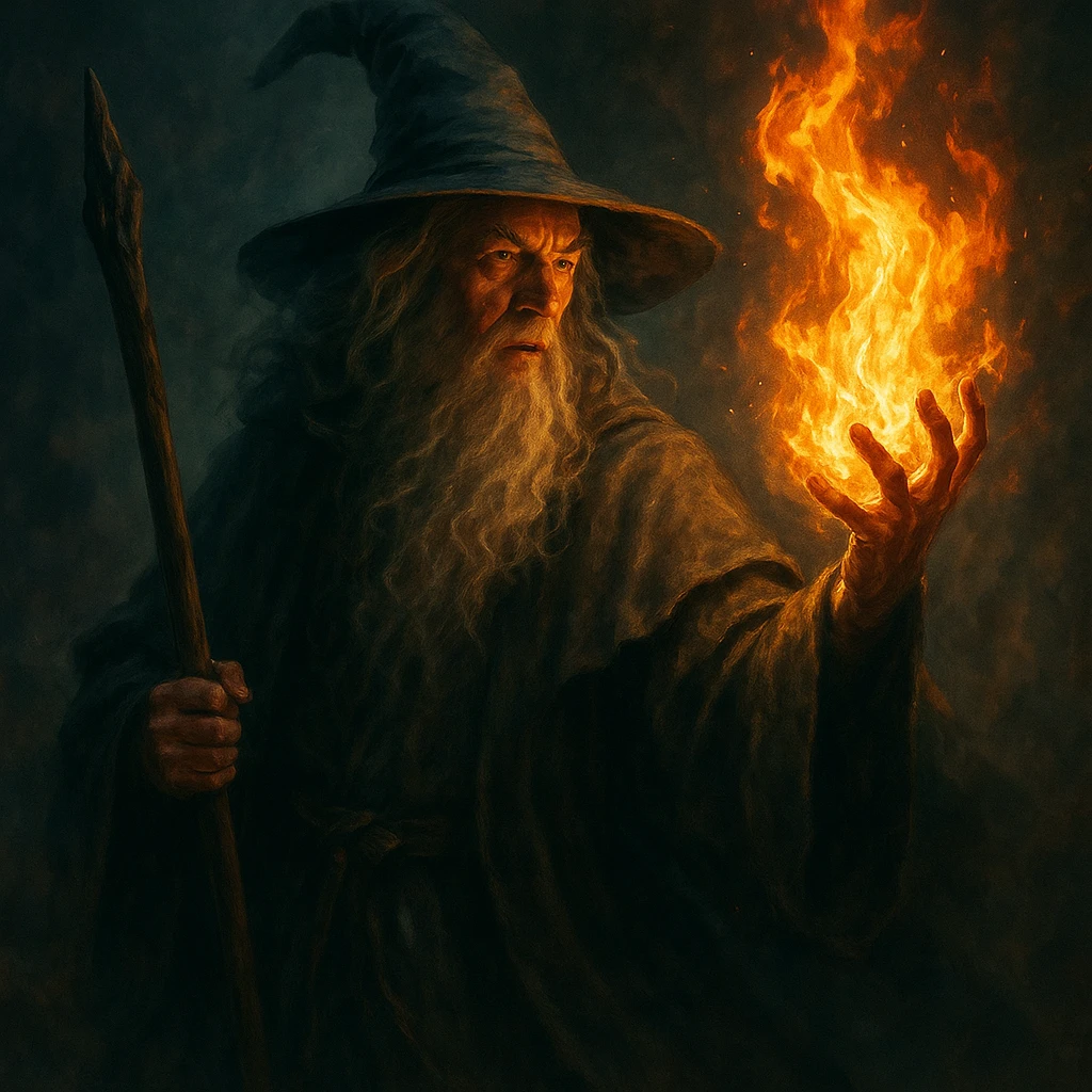 Gandalf wizard conjuring fire, dramatic lighting, mystical atmosphere, epic pose emoji